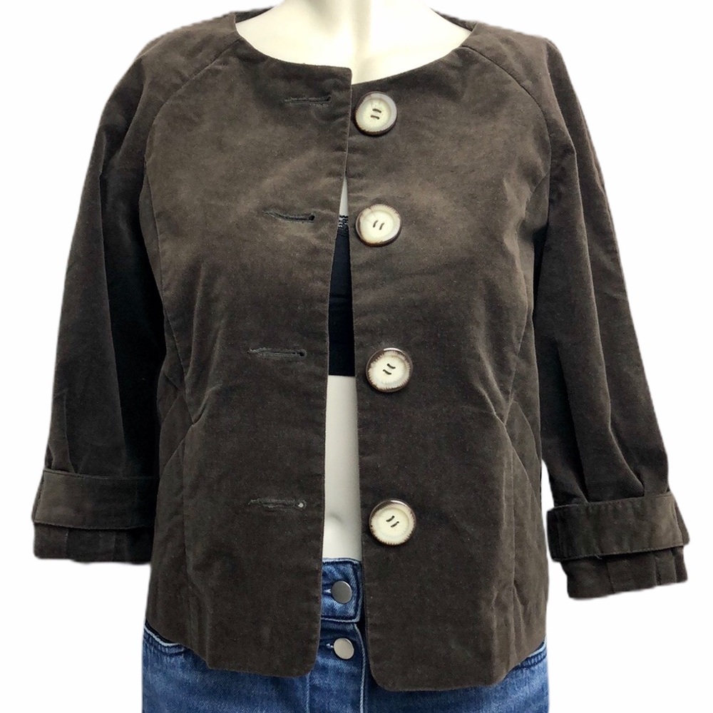 Kensie Brown Quarter Sleeve Velour Button Jacket Size S